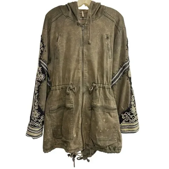 FREE PEOPLE Golden Quills Military Parka Jacket Coat Green Rhinestones M RARE - Picture 8 of 16